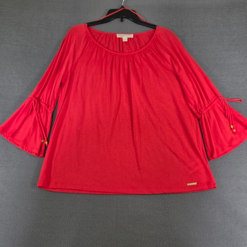Michael Kors Red Bell Sleeve Top Womens Medium Scoop Neck Gold Hardware Cinch